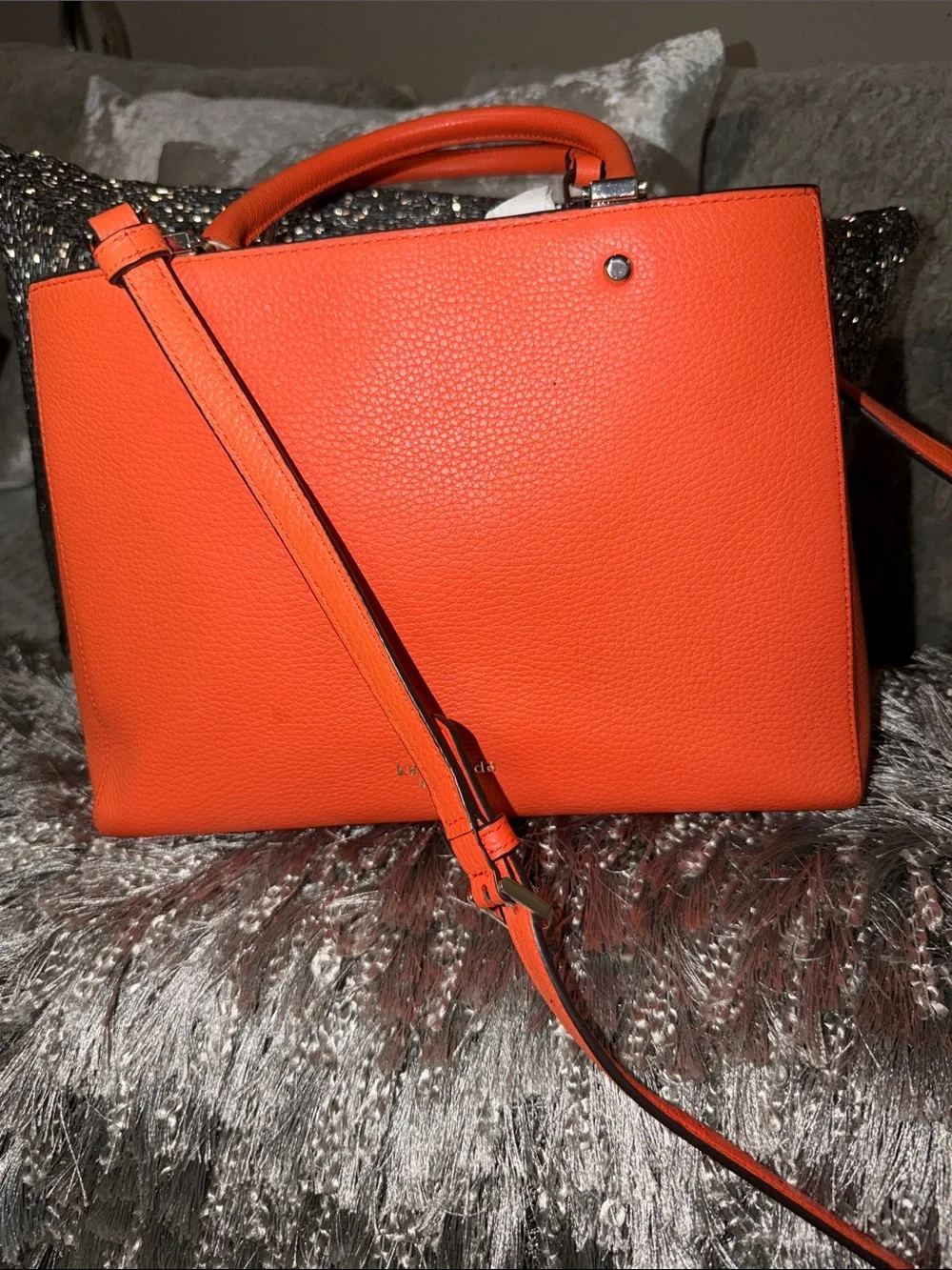 Orange Leather Tote Handbag with Removable Strap